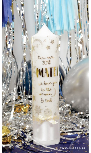 Lumanare de botez personalizata, print folio gold, 30x8cm, To the moon and back  3